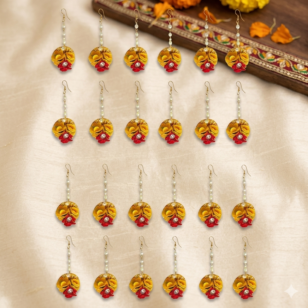 Artificial Yellow Flower Designer maangtika Earring combo For Women/ Flower Jewllery Floral Maangtika ,Earrings, Maang Tikkas for Women - Trendy matha patti, artificial jewelry, Mangtika for girls , Festive functions Haldi Mangtika 24 ps