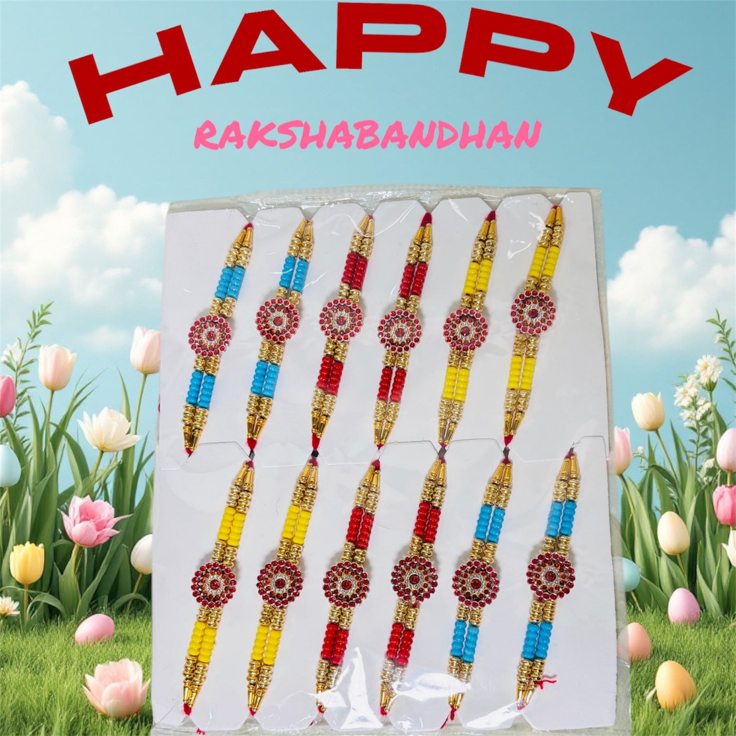 Premium Designer Rakhi Set of 12 for Brother featuring fancy handmade traditional and modern rakhi designs with decorative beads and silk threads.