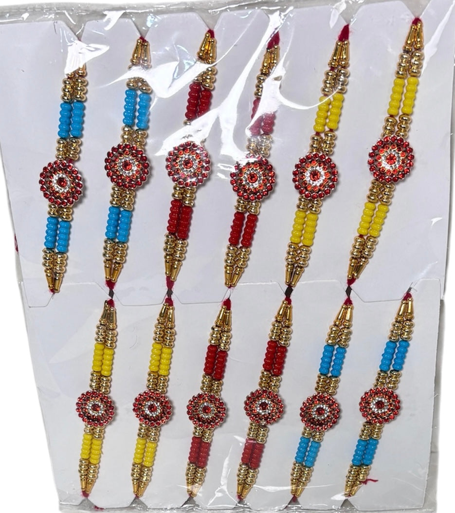 Premium Designer Rakhi Set of 12 for Brother featuring fancy handmade traditional and modern rakhi designs with decorative beads and silk threads.