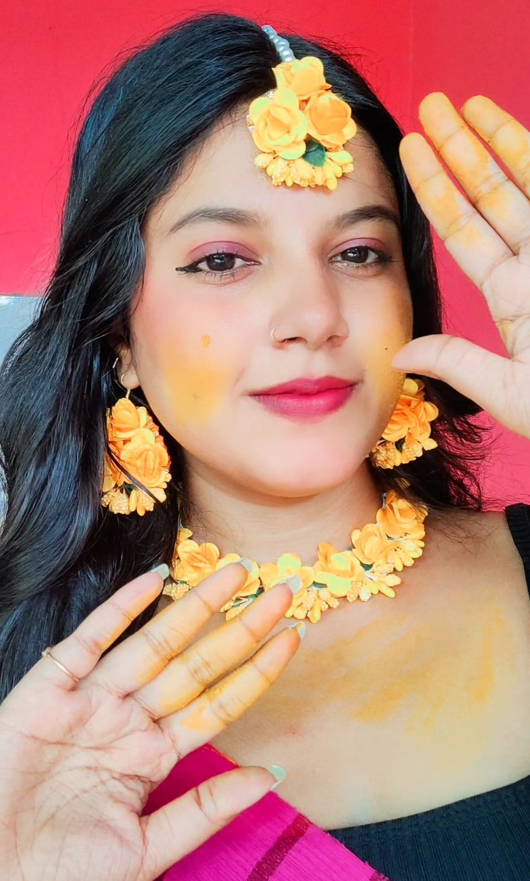 Flowers Jewellery Set For Haldi Gota Patti Necklace, Earrings, Bracelet & Maang Tika for Women & Girls (Mehandi/Haldi/Wedding/Bridal/Baby Shower)