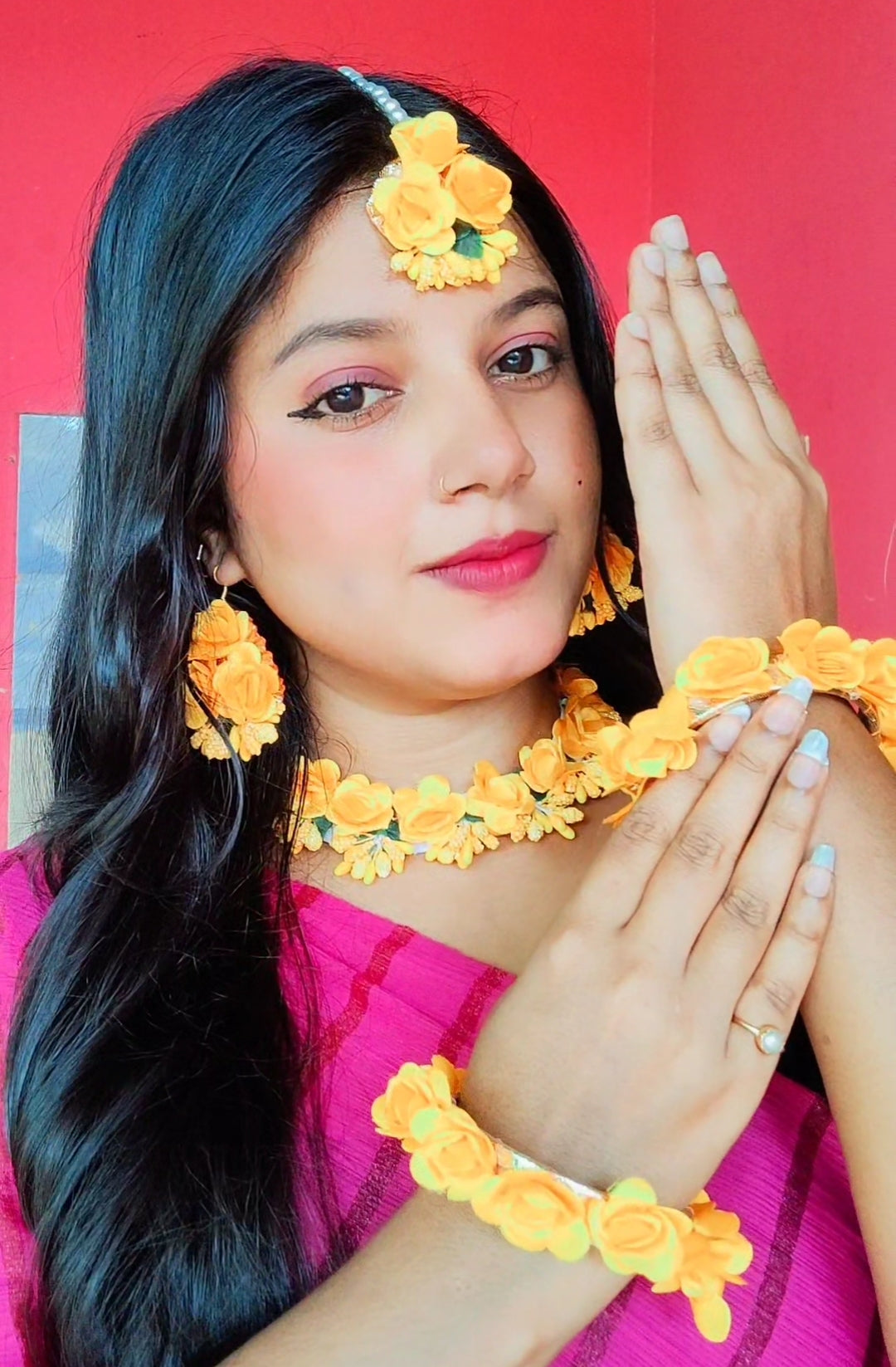 Flowers Jewellery Set For Haldi Gota Patti Necklace, Earrings, Bracelet & Maang Tika for Women & Girls (Mehandi/Haldi/Wedding/Bridal/Baby Shower)