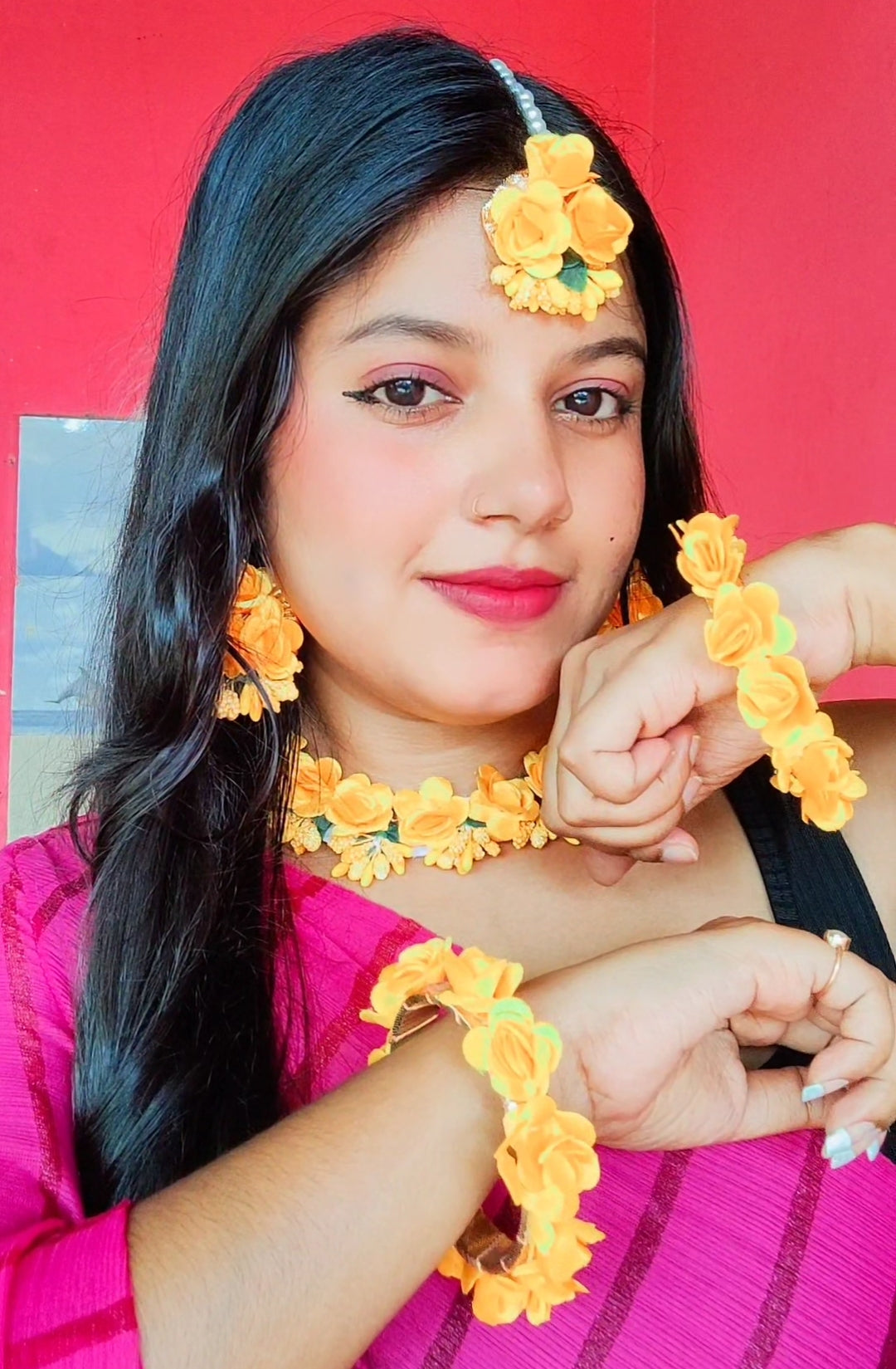 Flowers Jewellery Set For Haldi Gota Patti Necklace, Earrings, Bracelet & Maang Tika for Women & Girls (Mehandi/Haldi/Wedding/Bridal/Baby Shower)