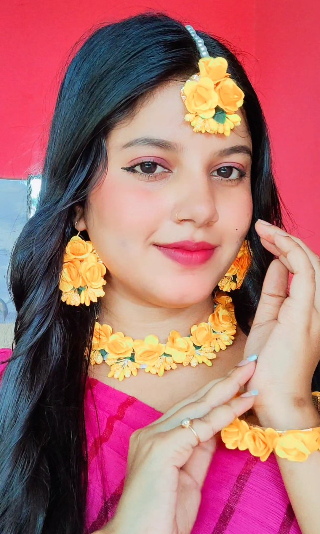 Flowers Jewellery Set For Haldi Gota Patti Necklace, Earrings, Bracelet & Maang Tika for Women & Girls (Mehandi/Haldi/Wedding/Bridal/Baby Shower)