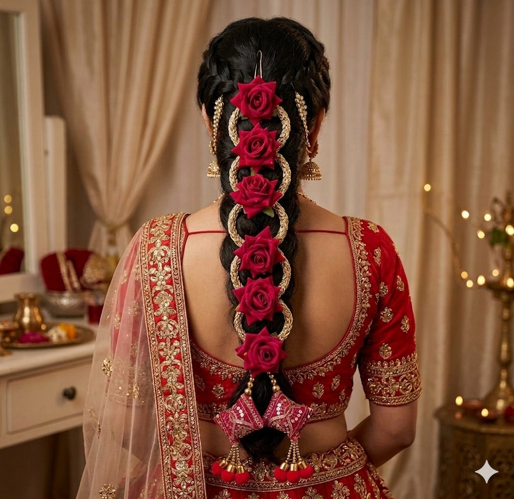 Handmade Punjabi Paranda for Women – Traditional Patiala Shahi Hair Parandi/Braid Extension Choti with Tassels, Bridal & Festive Ethnic Hair Accessory (Red Rose)