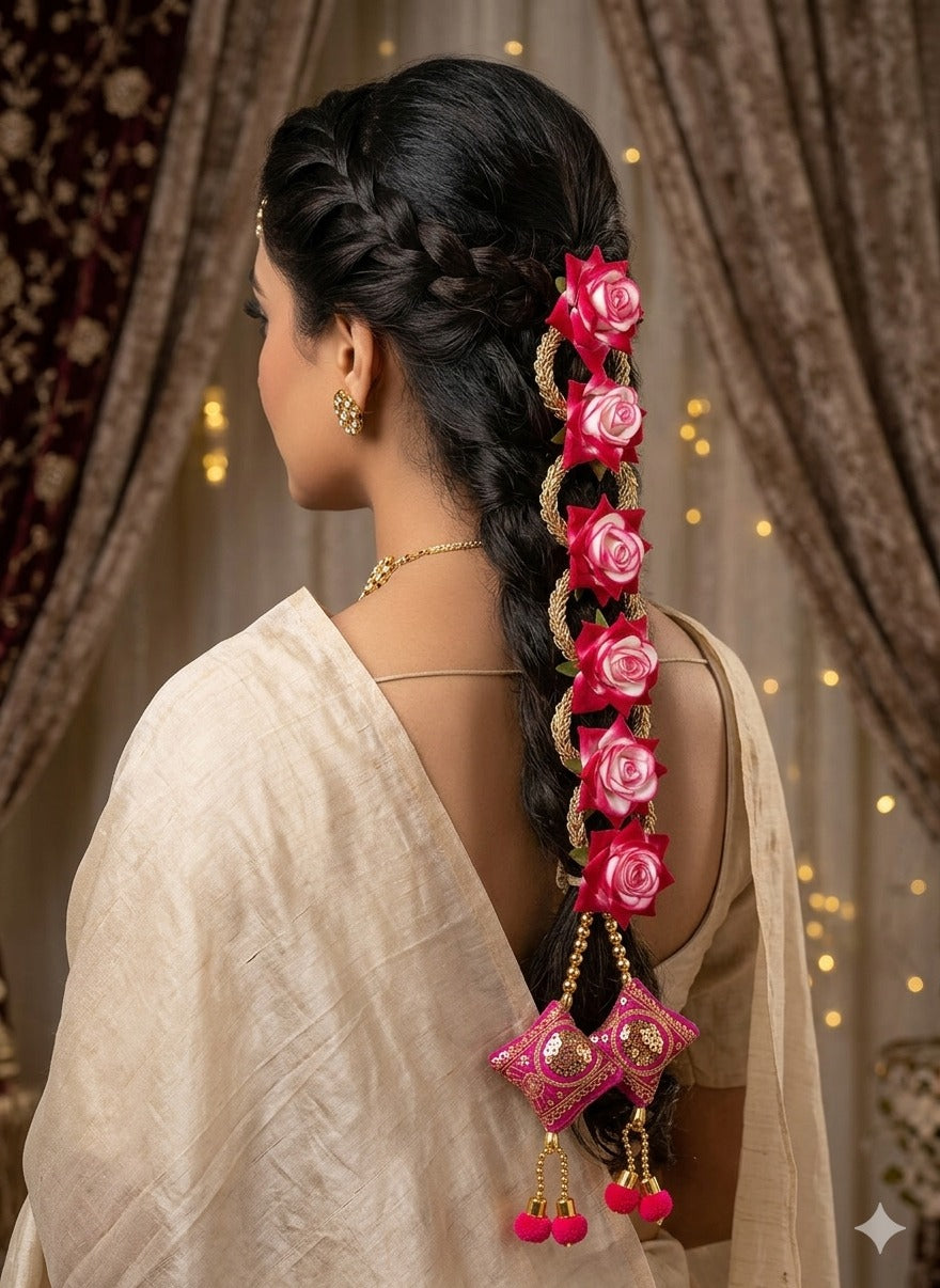 Handmade Punjabi Paranda for Women – Traditional Patiala Shahi Hair Parandi/Braid Extension Choti with Tassels, Bridal & Festive Ethnic Hair Accessory (Double shade Pink and Red)
