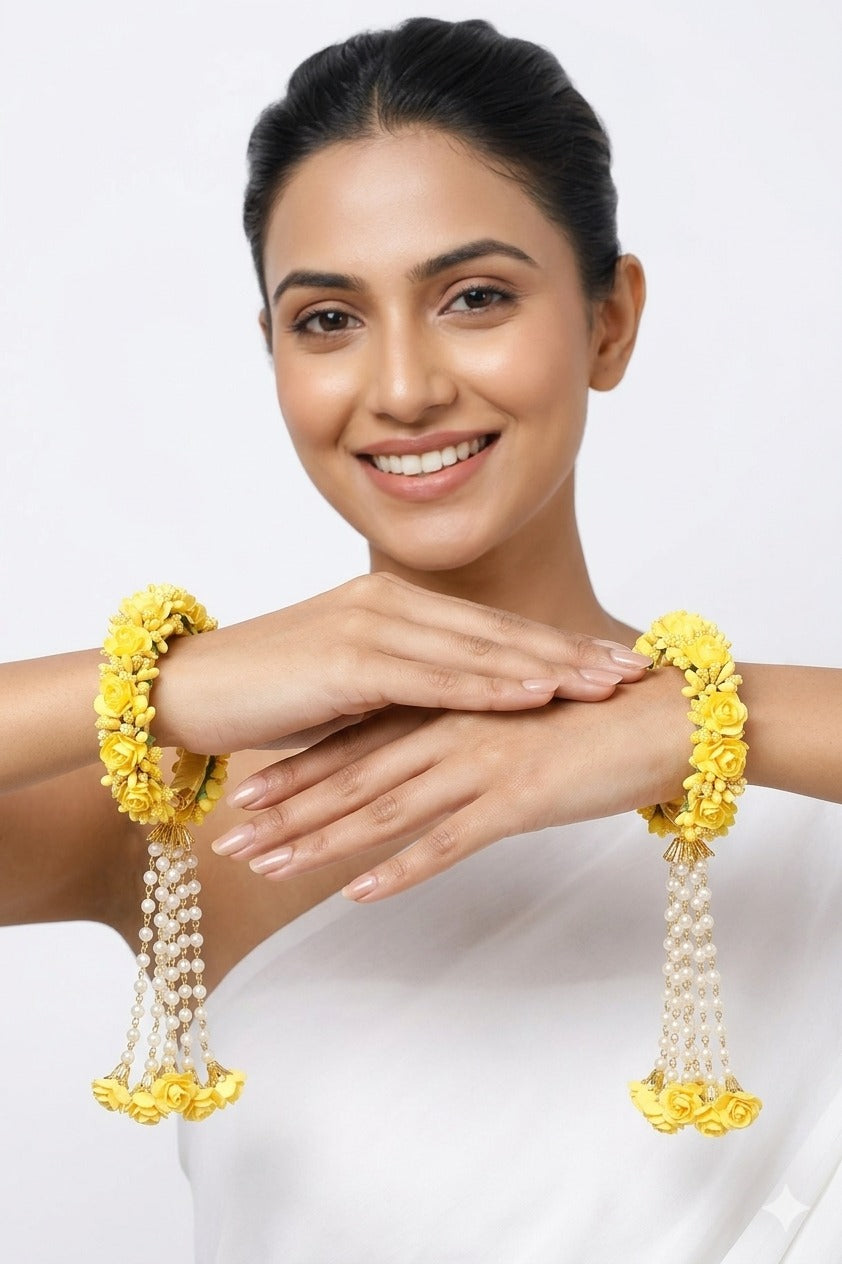 Haldi Bracelet Flower Bracelets for Haldi, Bridal Baby Shower, Mehndi, Godbharai Set For Women And Girls Floral Bangle for women | Haldi kada | latkan Kada for women