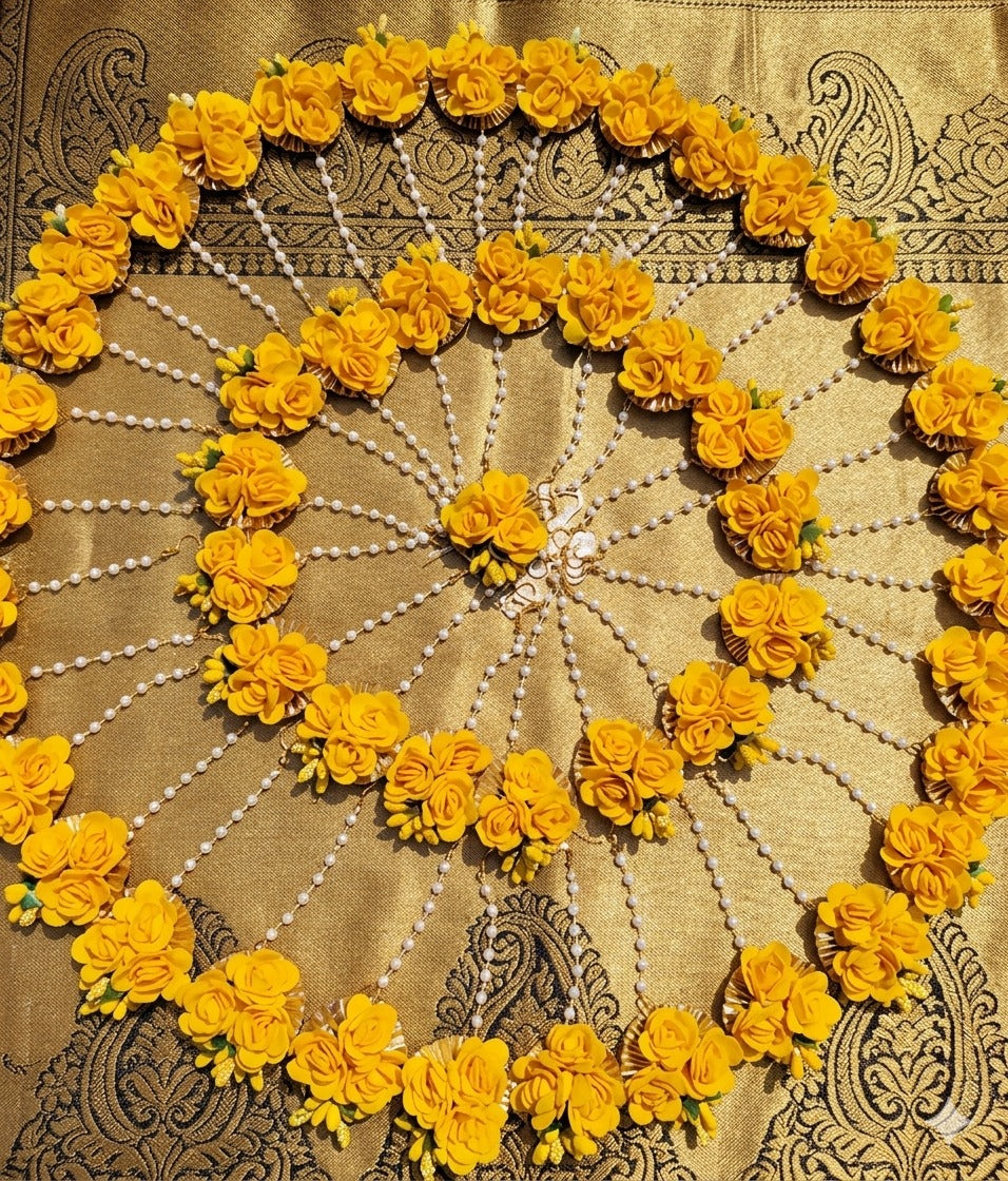 24 Pieces Wedding Haldi Jewellery Set cermony Flower mangtika set for wedding Baby Shower Haldi Mehandi Party in Yellow And Colour for Girls and Women