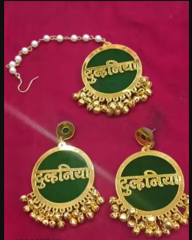 Dulhaniya Green & Gold Acrylic Gunghroo Earrings for Women & Girls featuring elegant ethnic styling with lightweight comfort and festive charm. Perfect for weddings, haldi, mehndi, festivals, parties, and traditional occasions