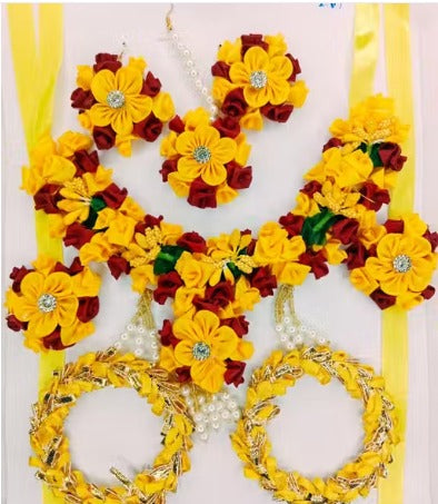 Handcrafted 7-Piece Designer Flower Jewelry Set with Golden Work & Pearl Drops