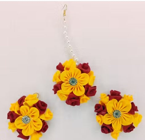Handcrafted 7-Piece Designer Flower Jewelry Set with Golden Work & Pearl Drops