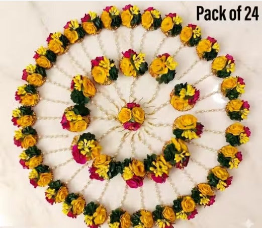 Wedding Haldi cermony Flower mangtika set for wedding Baby Shower | Haldi Mehandi | Party in Yellow Colour for Girls and Women(set of 24 ) Haldi Mangtika