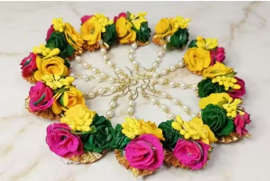 Wedding Haldi cermony Flower mangtika set for wedding Baby Shower | Haldi Mehandi | Party in Yellow Colour for Girls and Women(set of 24 ) Haldi Mangtika