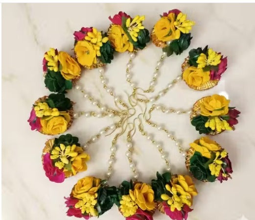 Wedding Haldi cermony Flower mangtika set for wedding Baby Shower | Haldi Mehandi | Party in Yellow Colour for Girls and Women(set of 24 ) Haldi Mangtika